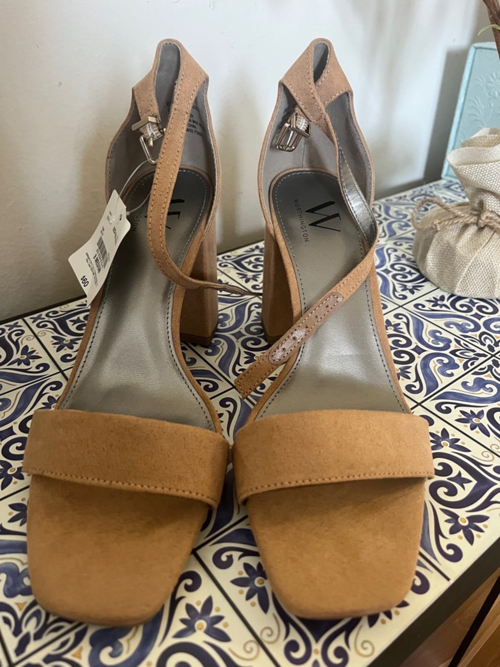 Worthington Camel/Tan Suede Block Heel Sandals with Ankle Strap